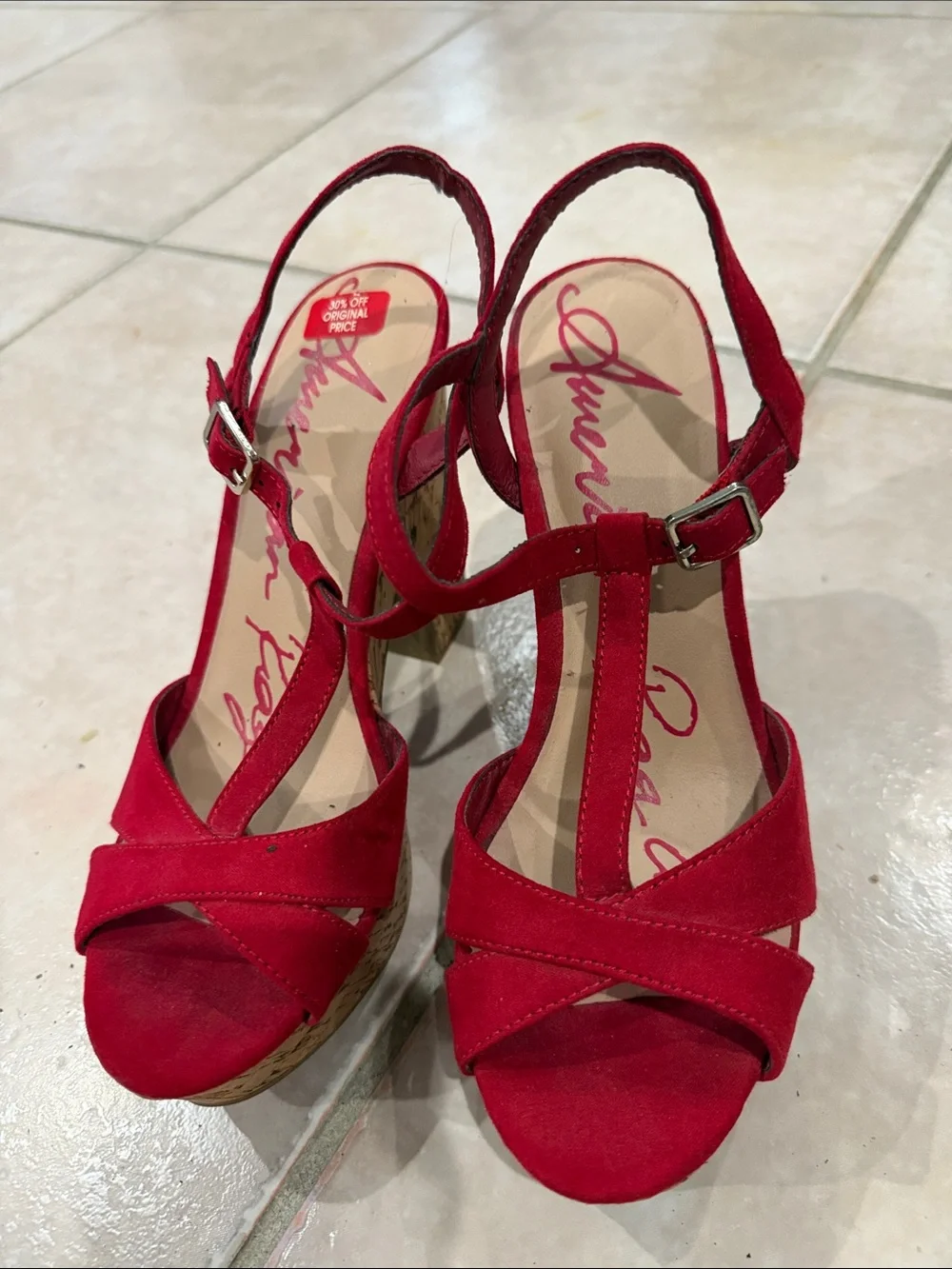 American rag Red Suede T-Strap Wedge Sandals size 7.5 @@@